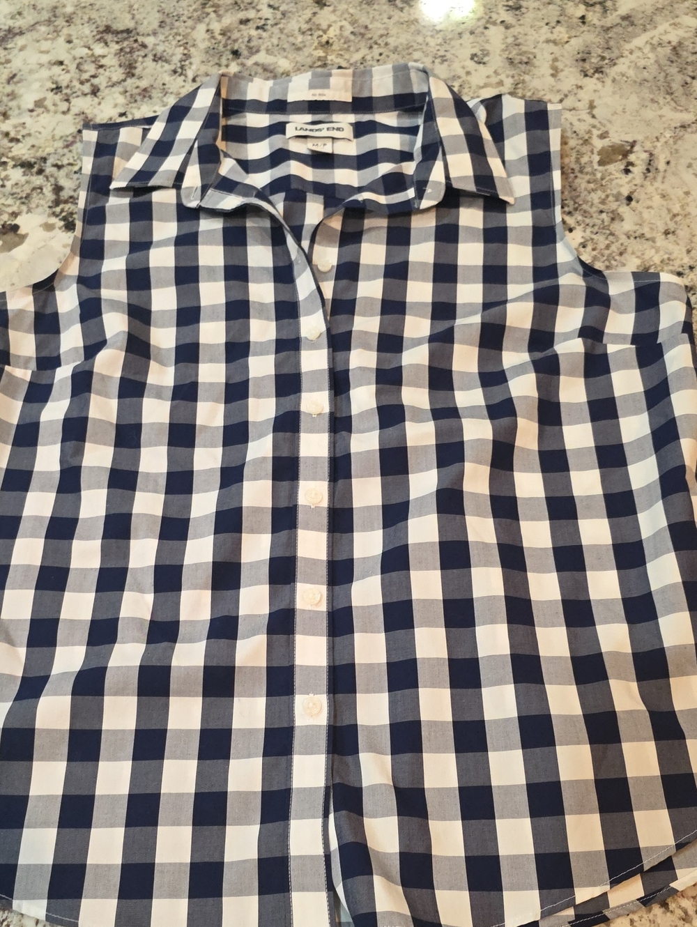 Lands' End Navy and White Gingham Sleeveless Button-Front Shirt